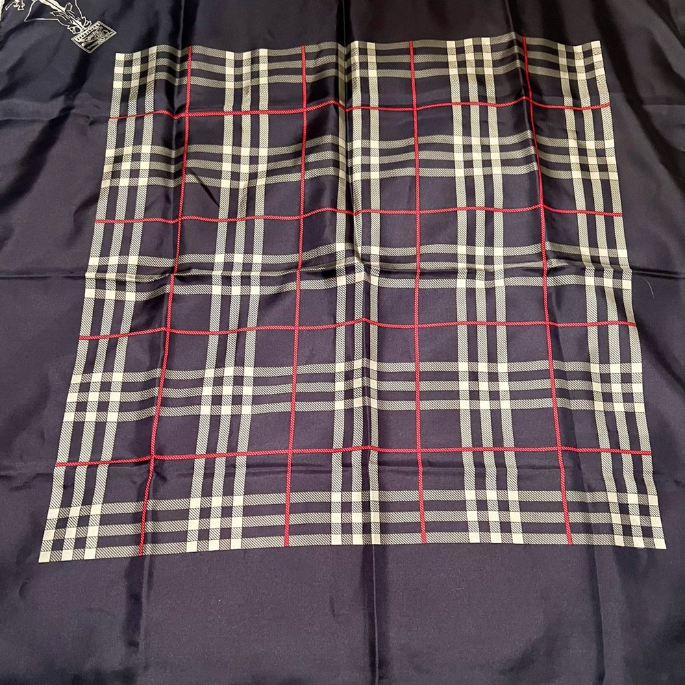 Vintage Burberry Silk Navy Blue Nova Check Scarf- Tag is shown as authenticity
